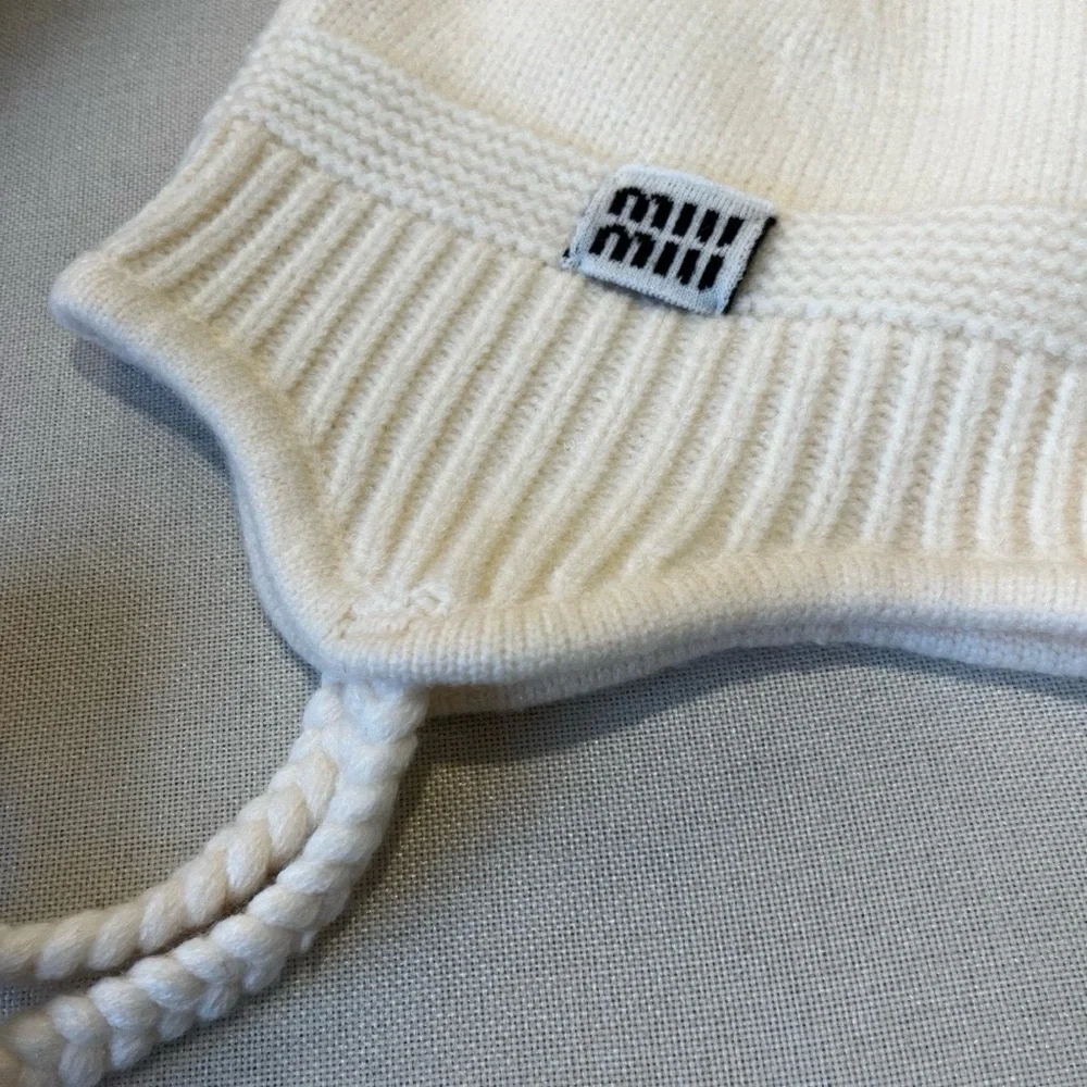 Miu Miu Cream Knit Hat with Pom Poms - Picture 4 of 6